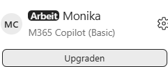 Unten links in Copilot Chat: Name, darunter „M365 Copilot (Basic)“ und die Schaltfläche „Upgraden“