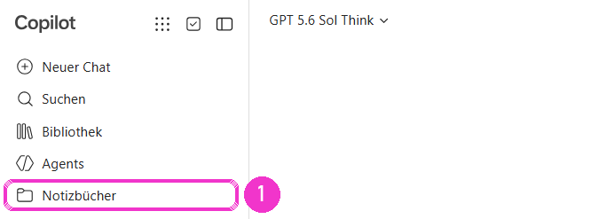 Copilot Chat ohne Zusatzlizenz: linke Leiste mit Neuer Chat, Suchen, Bibliothek, Agents und dem pink markierten Eintrag Notizbücher