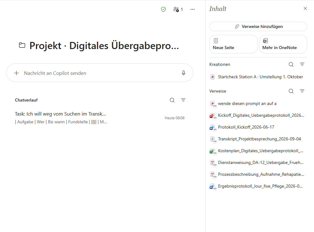 Copilot-Notizbuch „Projekt Digitales Übergabeprotokoll“: in der Mitte Eingabefeld und Chatverlauf, rechts der Bereich Inhalt mit Verweise hinzufügen, Neue Seite, Kreationen und acht Verweisen