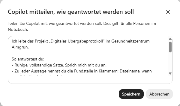 Dialog „Copilot mitteilen, wie geantwortet werden soll“ mit der Anweisung für das Projekt Digitales Übergabeprotokoll und der Schaltfläche Speichern
