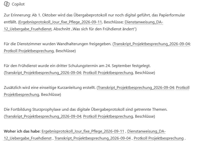 Antwort im Notizbuch: fünf Sätze zu den Beschlüssen, hinter jedem Satz die Quelle