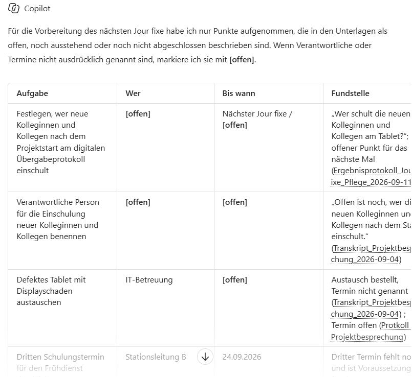 Antwort im Notizbuch: Tabelle mit Aufgabe, Wer, Bis wann und Fundstelle, fehlende Angaben mit [offen] markiert