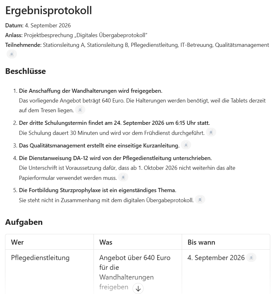 Antwort von Copilot Chat: Ergebnisprotokoll mit Datum, Anlass, Teilnehmenden, fünf Beschlüssen und dem Beginn der Aufgabentabelle