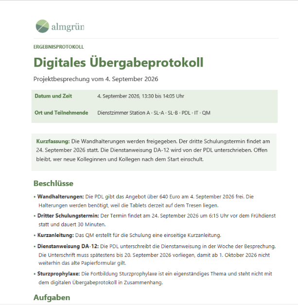Word-Datei in der Vorschau: Almgrün-Logo, grüne Überschrift „Digitales Übergabeprotokoll“, Kurzfassung und Beschlüsse im Design der Vorlage
