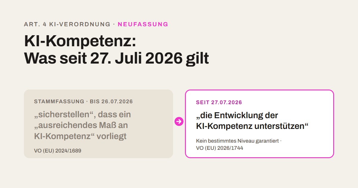 Gegenüberstellung von alter und neuer Fassung des Art. 4 KI-Verordnung: aus „sicherstellen“ wird „Entwicklung unterstützen“