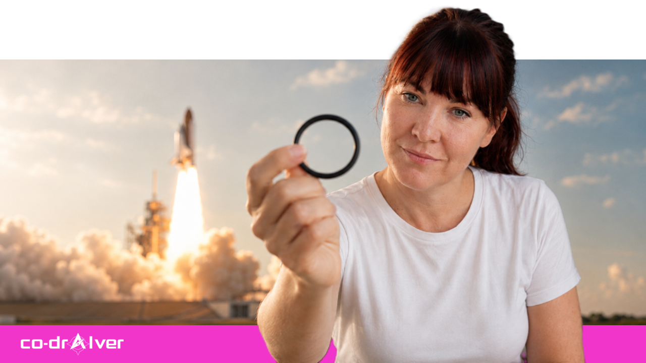Frau hält einen schwarzen Dichtungsring in die Kamera, im Hintergrund startet ein Space Shuttle
