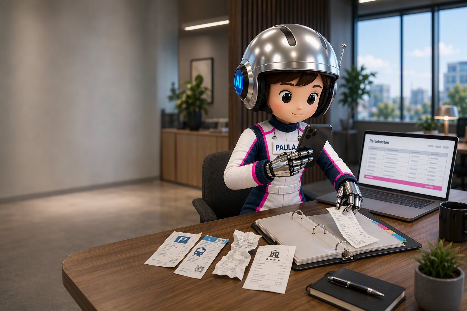 Paula, die co-drAIver-Copilotin, fotografiert Belege und legt sie am Laptop ab