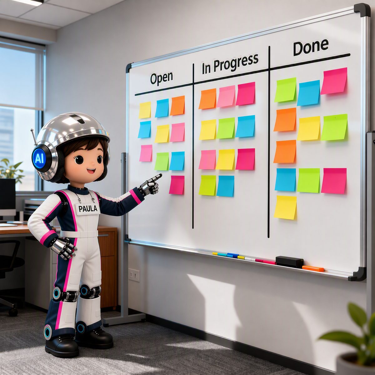 Paula, die co-drAIver-Copilotin, vor einem Kanban-Board mit Haftnotizen