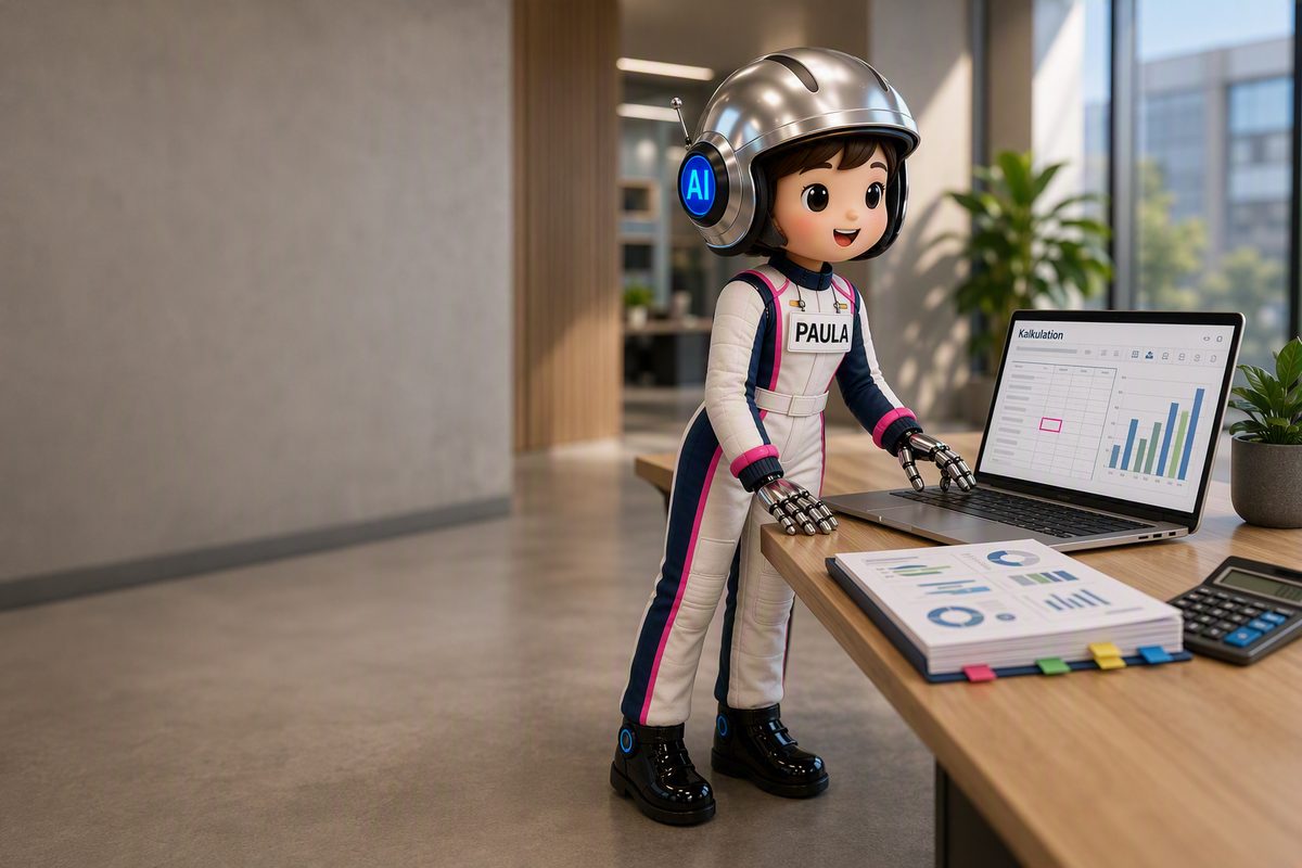 Paula, die co-drAIver-Copilotin, arbeitet an einer Kalkulation am Laptop