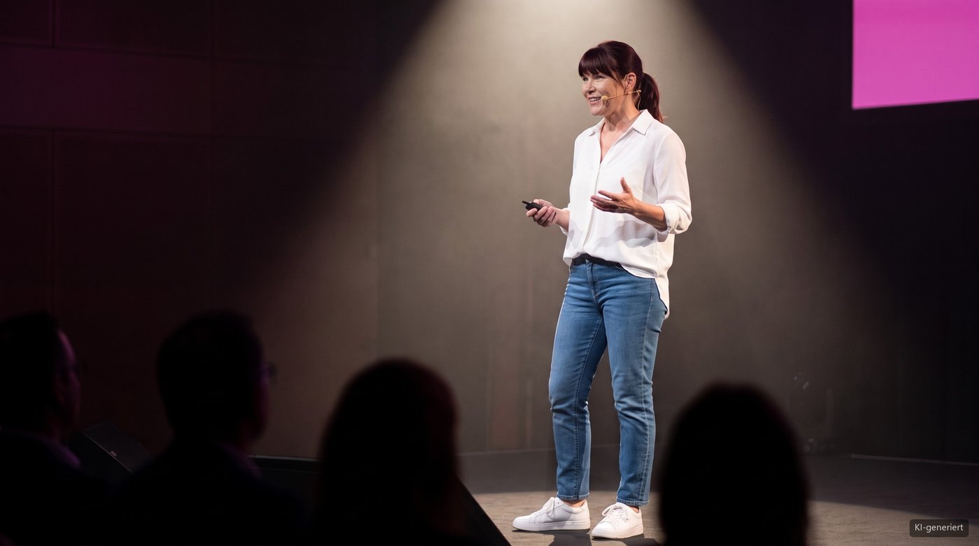 KI-generiertes Bild: Marion Wetter bei einer Keynote auf der Bühne