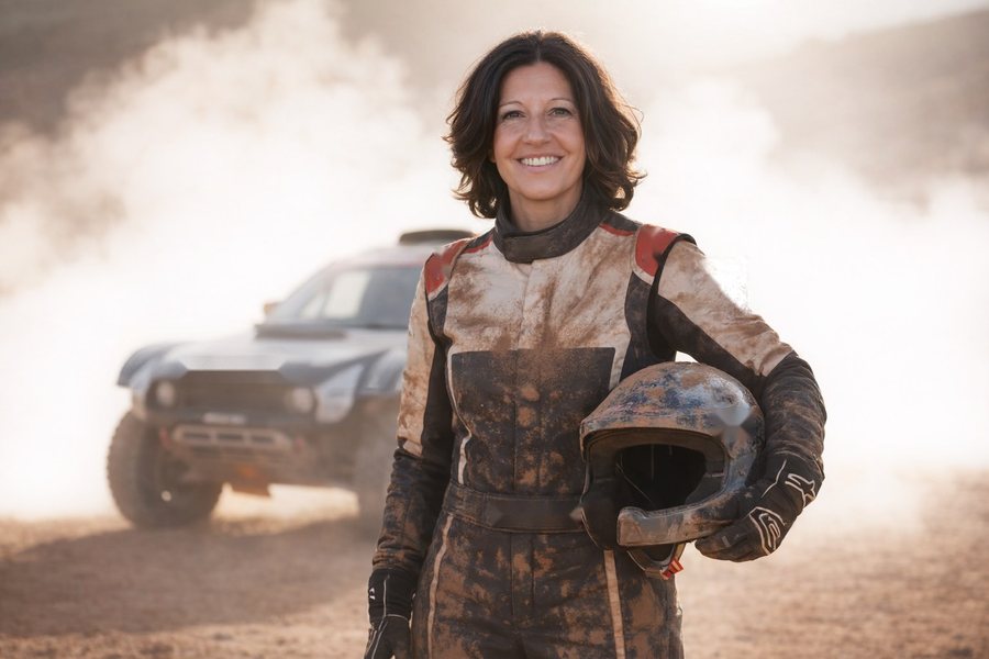 KI-generiertes Bild: Monika Keil im Rallye-Anzug mit Helm