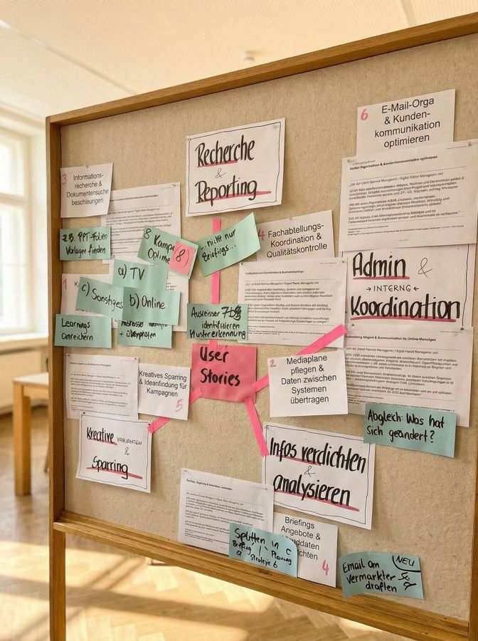 Pinnwand mit Karten aus einem Workshop zur KI-Einführung